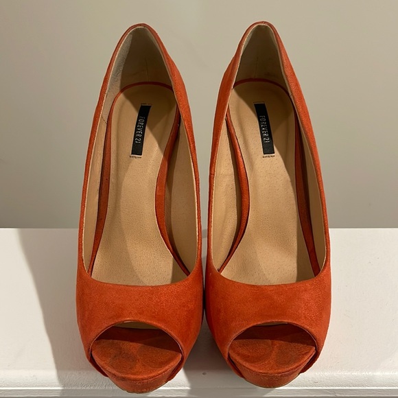 Forever 21 Cobalt Orange Suede Open Toe Pumps - Picture 2 of 12
